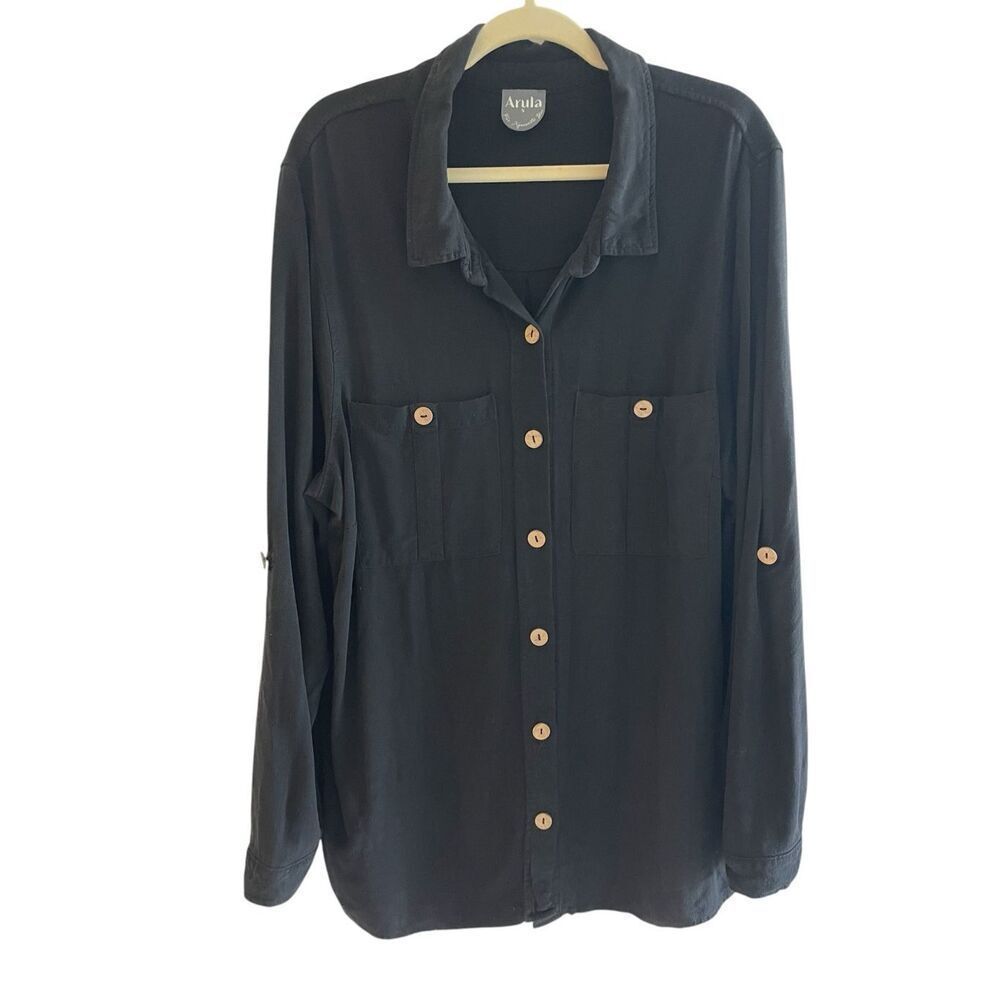 Arula Black Linen Blend Long Sleeve Black Tunic Top Women’s Size X, 1X Plus